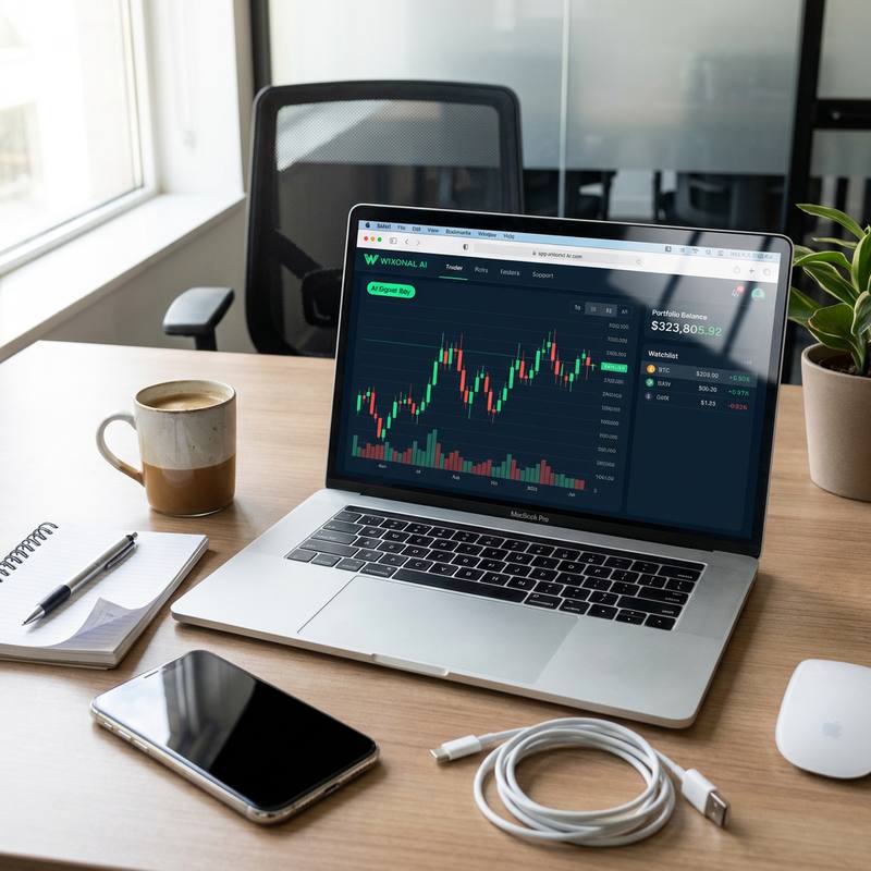 The Wixonal AI dashboard on a laptop showing a candlestick chart, portfolio balance and an asset watchlist