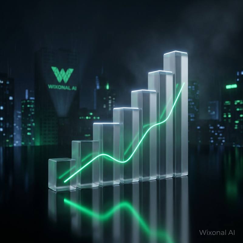 Rising chart columns crossed by a glowing neon-green curve against a deep navy background